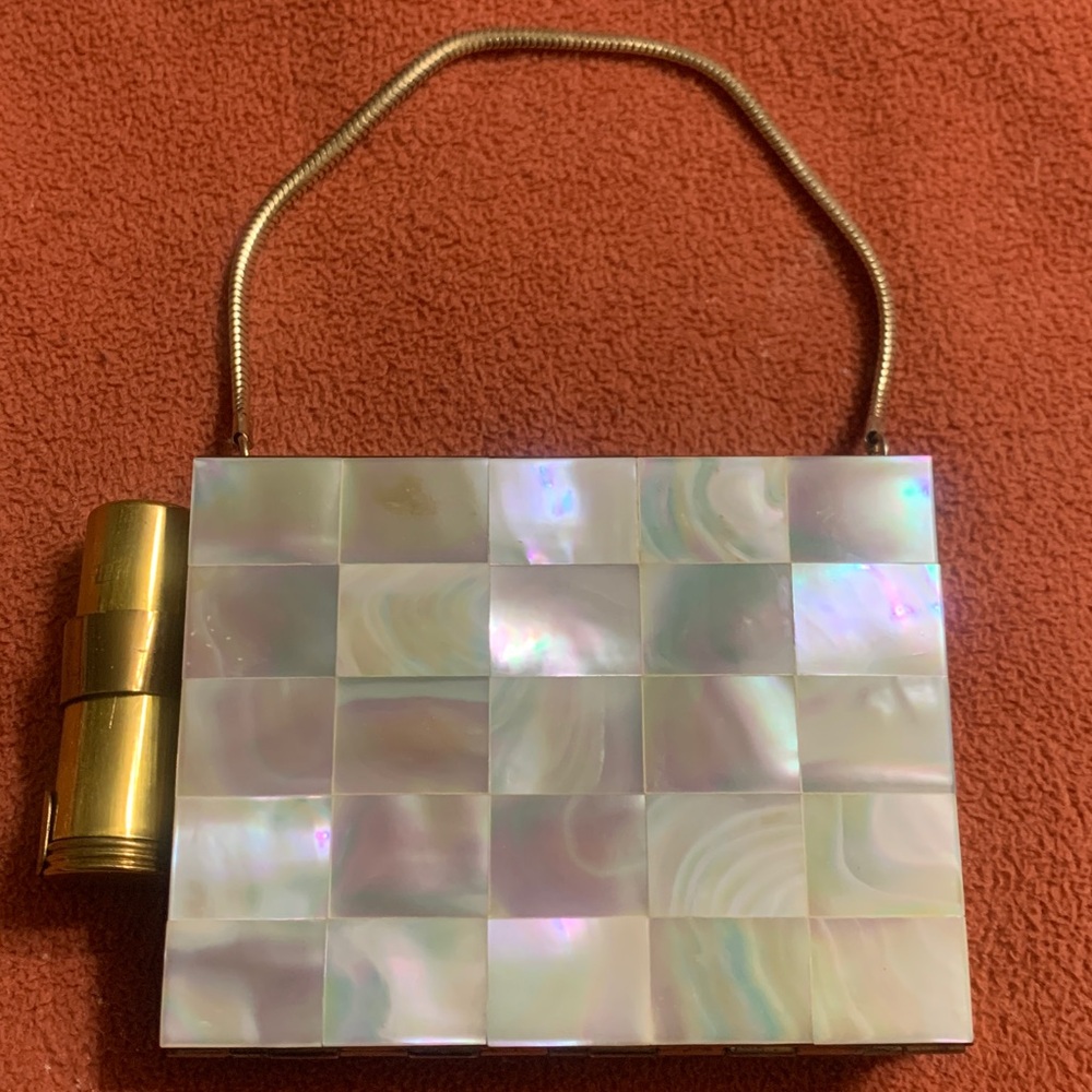 RARE… 1940’s-50’s Mother of Pearl & Brass Minaudiere dbl sided Compact / Purse